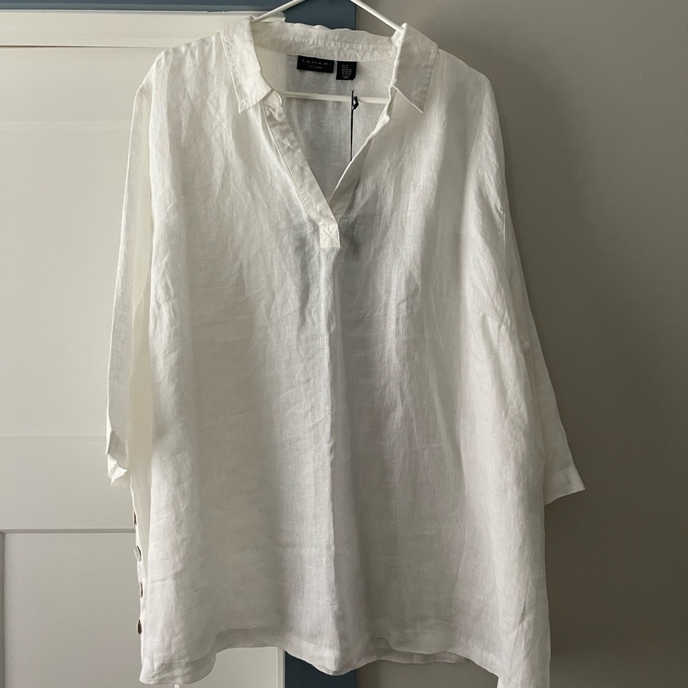 NWT Tahari Linen Popover Top Blouse Side Buttons White size 3X